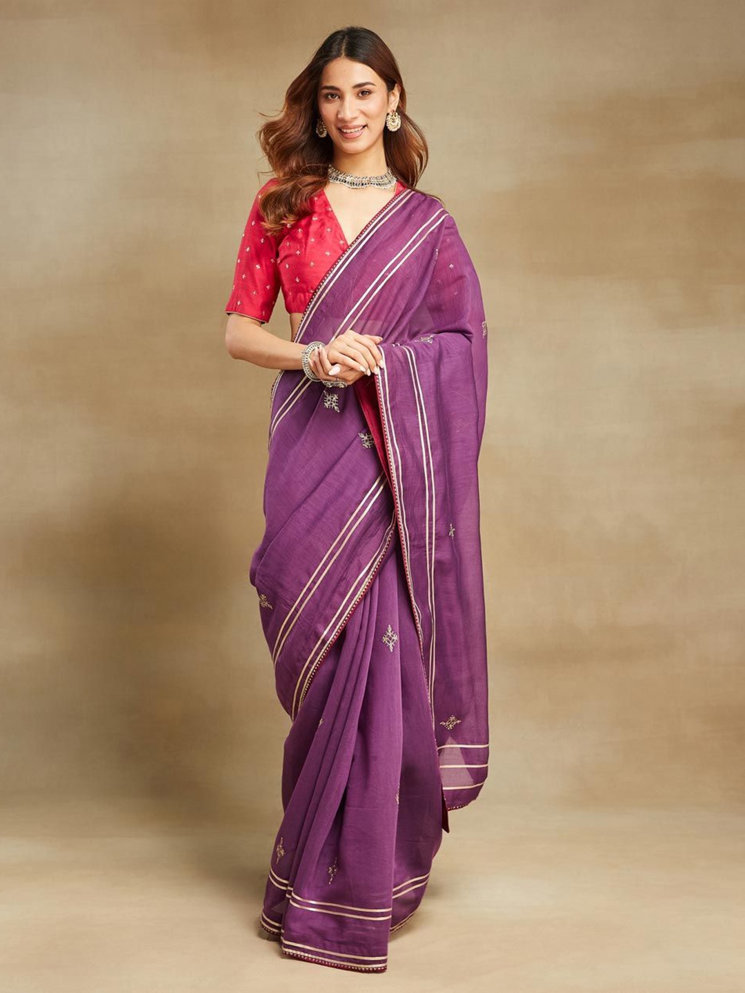 

Fabindia Ethnic Motifs Sequinned Silk Cotton Ready to Wear Saree, Purple