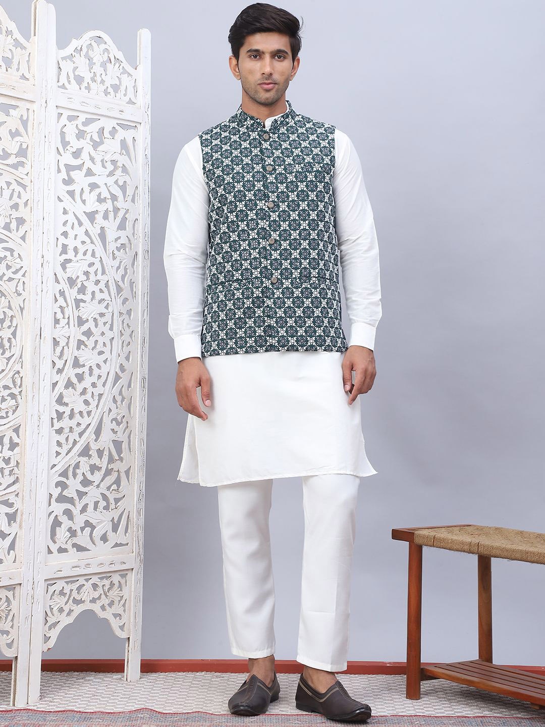 

Jompers Mandarin Collar Silk Cotton Straight Kurta with Churidar & Nehru Jacket, White