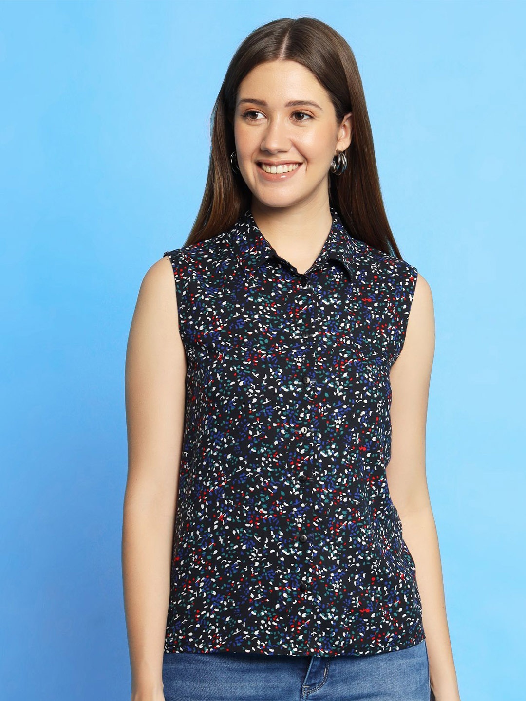

KIZI Women Spread Collar Abstract Printed Casual Shirt, Navy blue