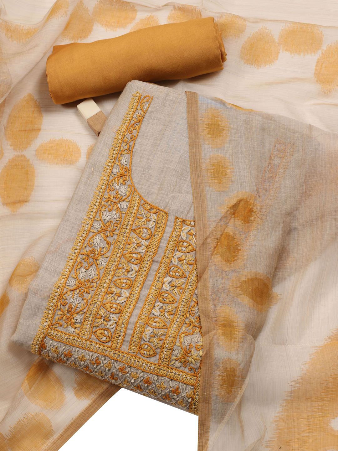 

Meena Bazaar Ethnic Motifs Embroidered Art Silk Unstitched Dress Material, Beige