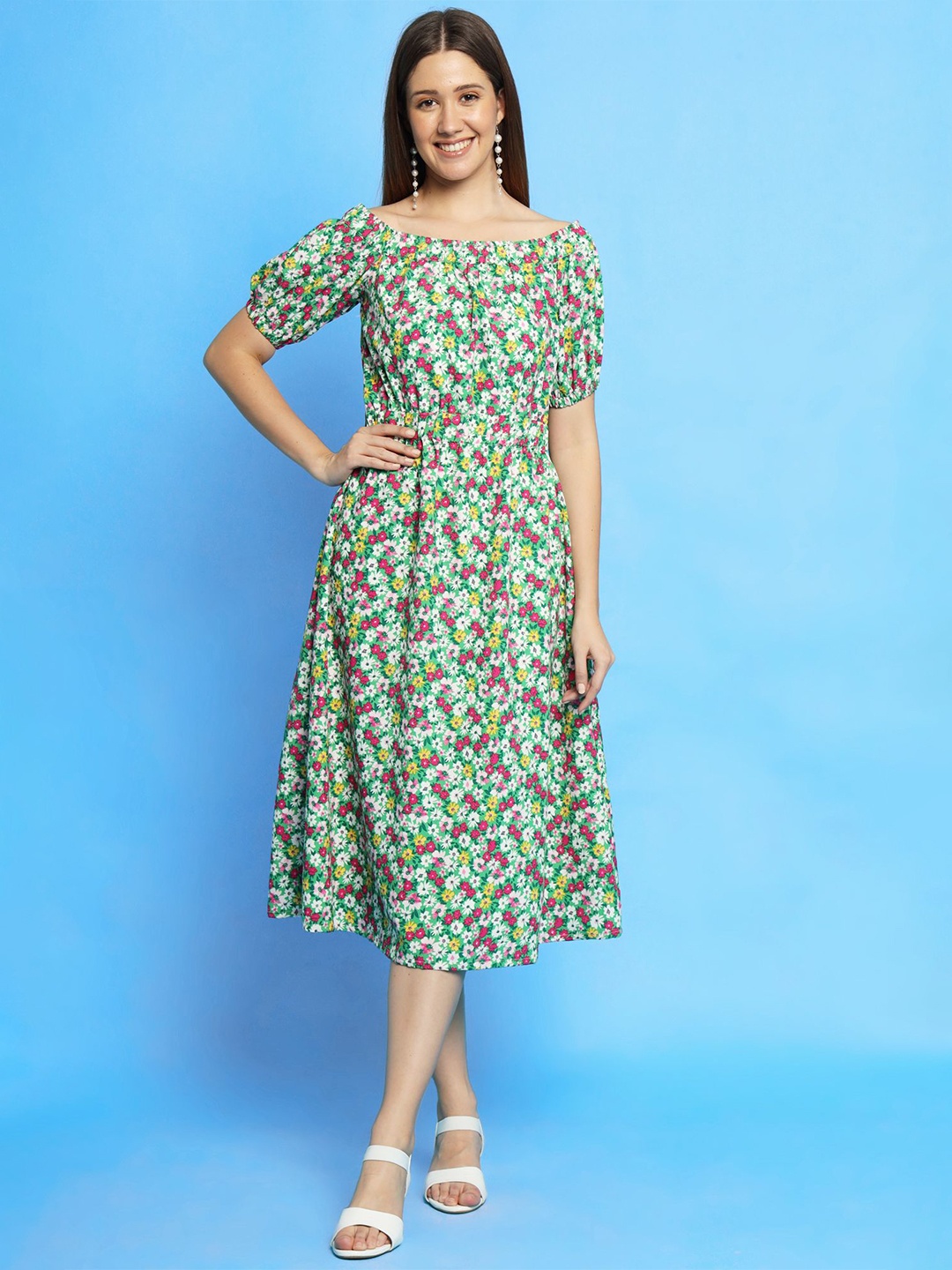 

KIZI Floral Print Off-Shoulder Fit & Flare Midi Dress, Green