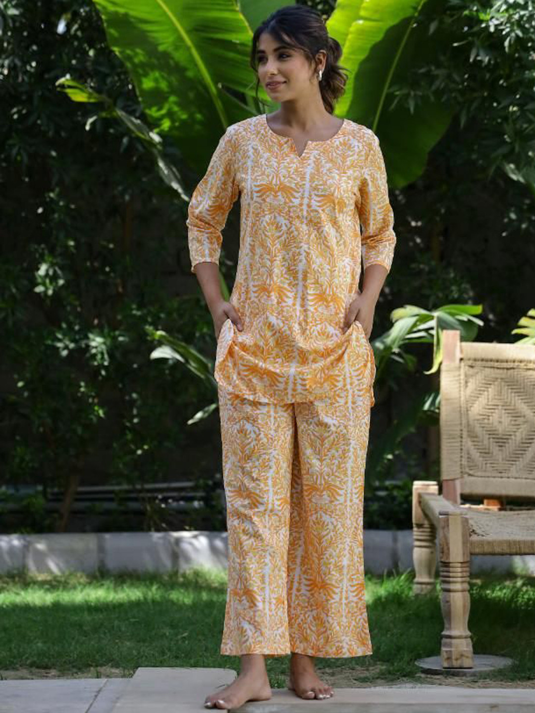 

FLAVIA CREATION Printed Pure Cotton Night Suit, Yellow