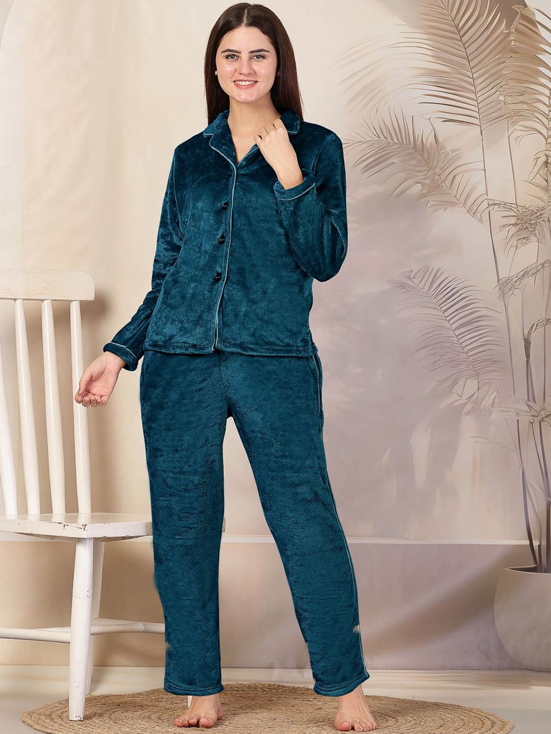 

FABINALIV Solid Lapel Collar Button Closure Winter Night Suit, Turquoise blue