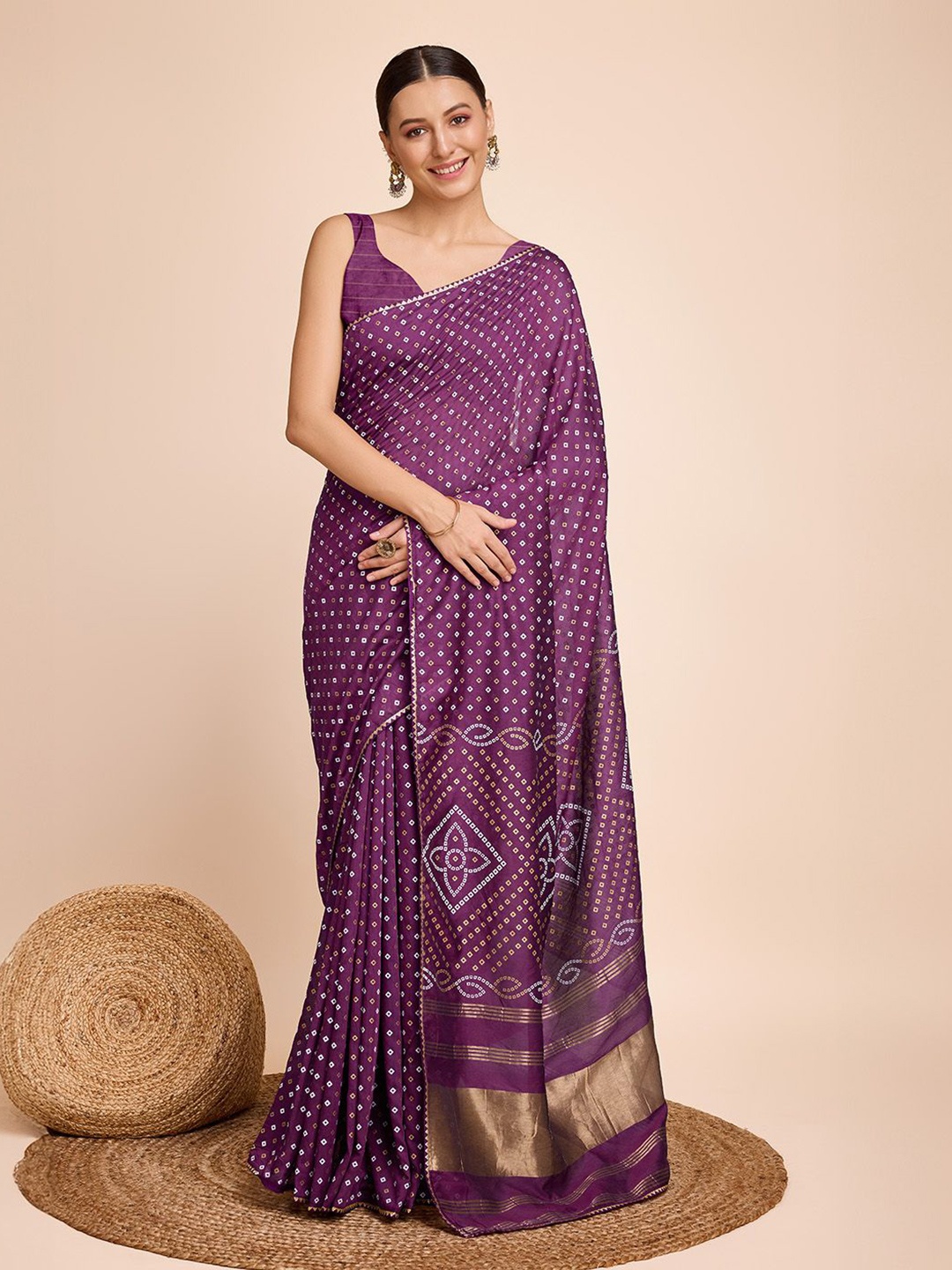 

bansari textiles Bandhani Zari Saree, Purple