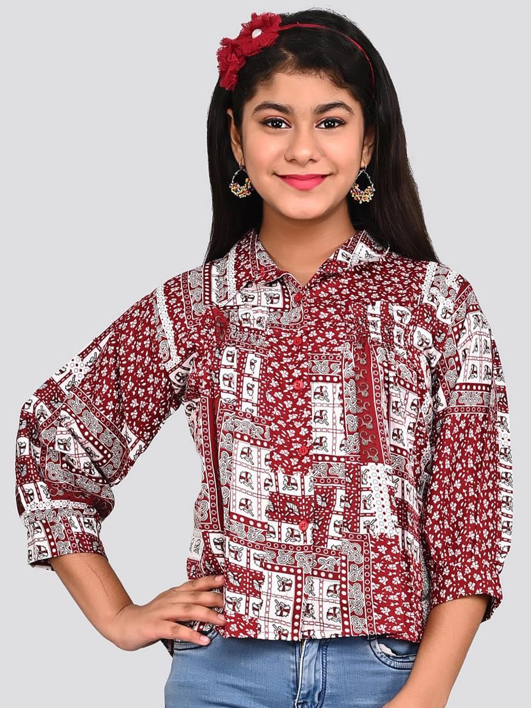 

FELLAMO Girls Classic Spread Collar Abstract Printed Slim Fit Casual Shirt, Maroon