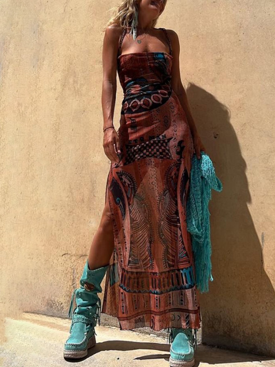 

StyleCast x Revolte Printed Backless Georgette Maxi Dress, Brown