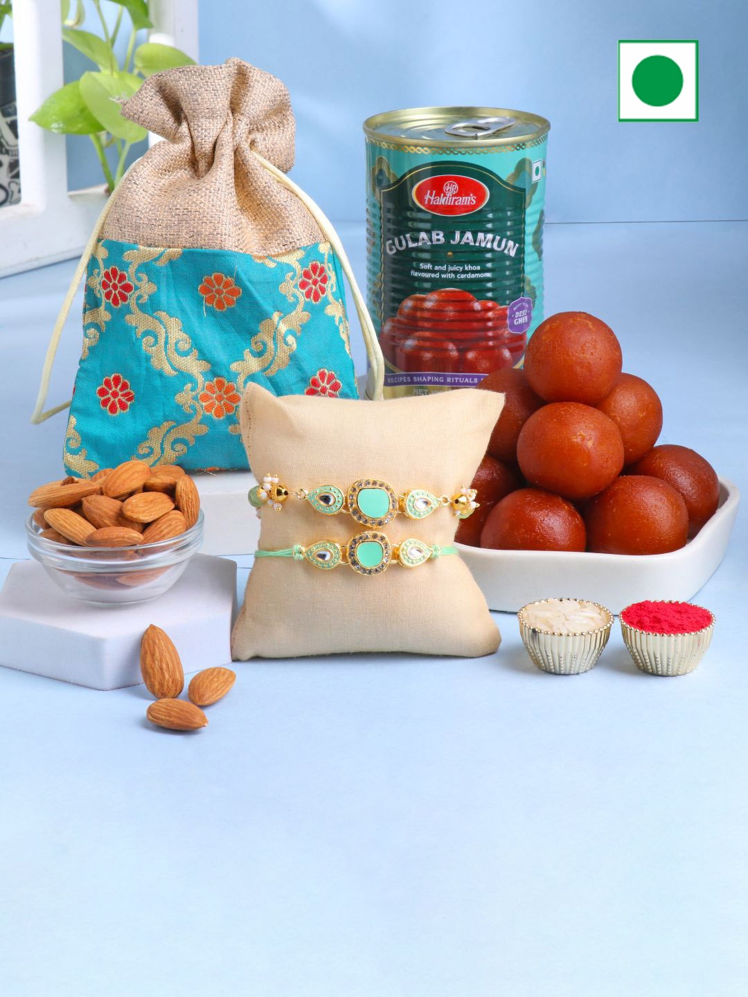 

Floweraura Set Of 2 Stone Studded Rakhis With DryFruits Gifts, Blue