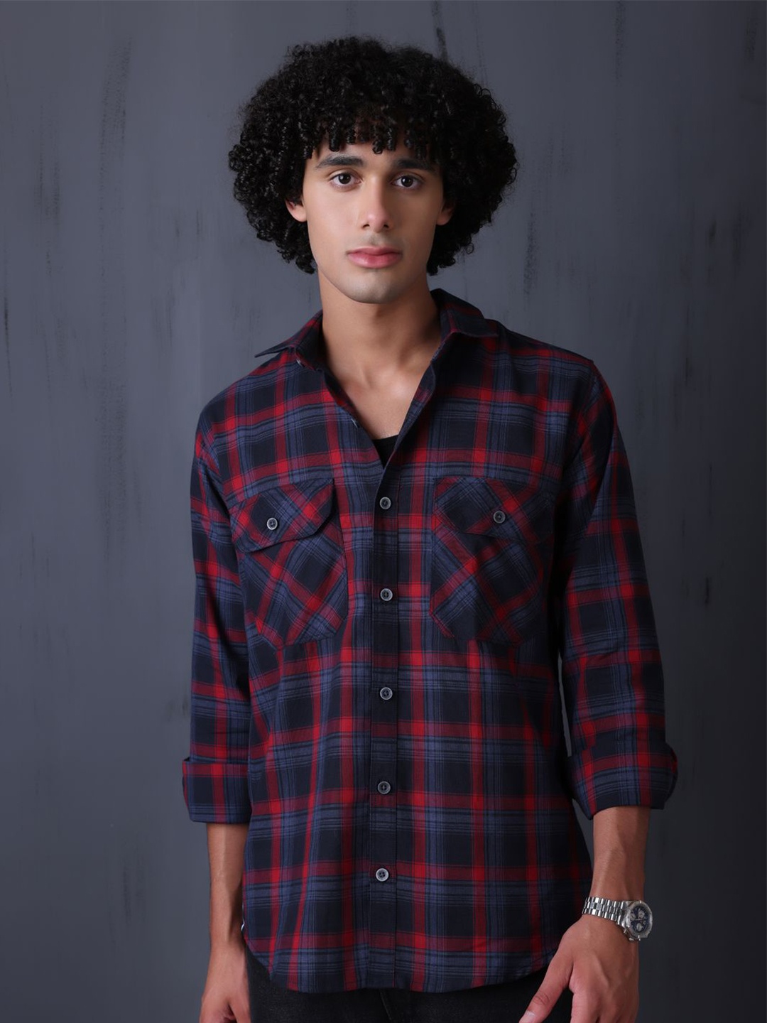 

FILO HEVIS Spread Collar Double Pocket Cotton Check Shirt, Red