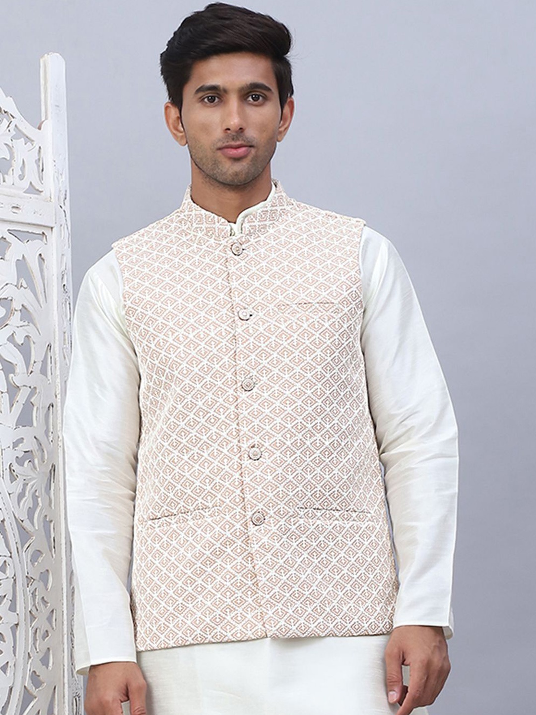 

Jompers Embroidered Nehru Jackets, Beige