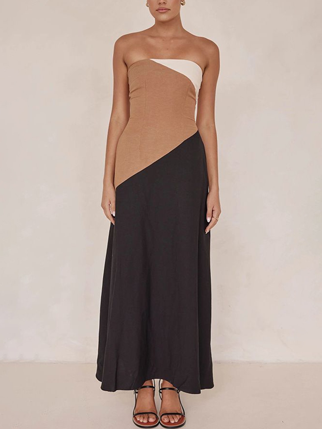 

StyleCast x Revolte Strapless Colourblocked Maxi Dress, Khaki