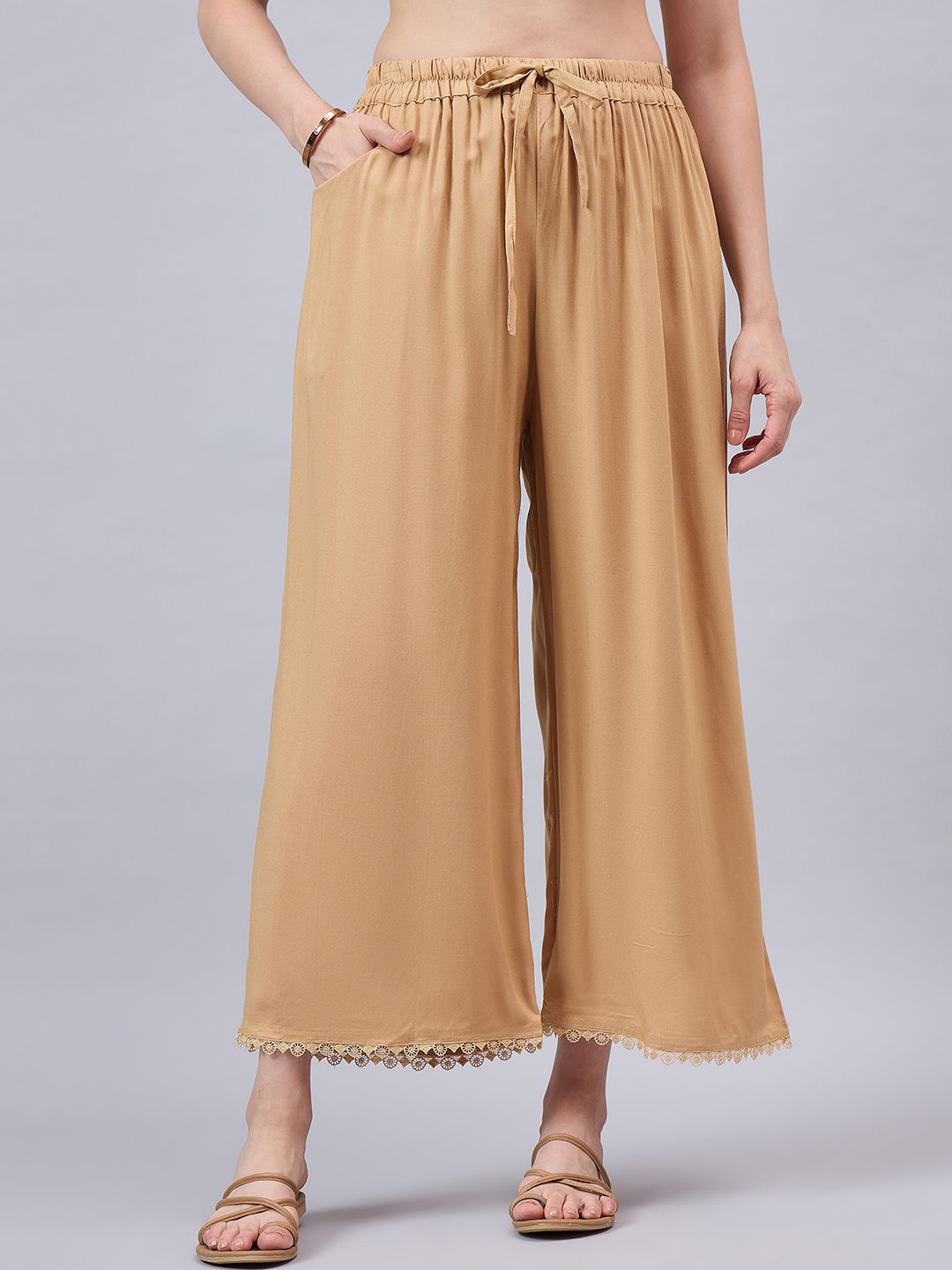 

THE PAJAMA FACTORY Women Lace Detail Palazzos, Beige