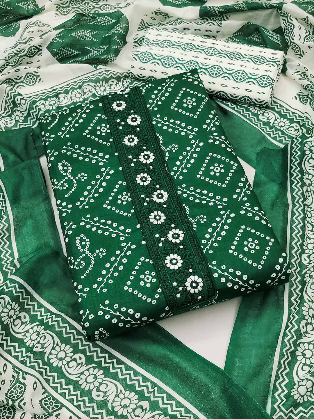 

Peachmode Bandhani Printed Pure Cotton Unstitched Dress Material, Green