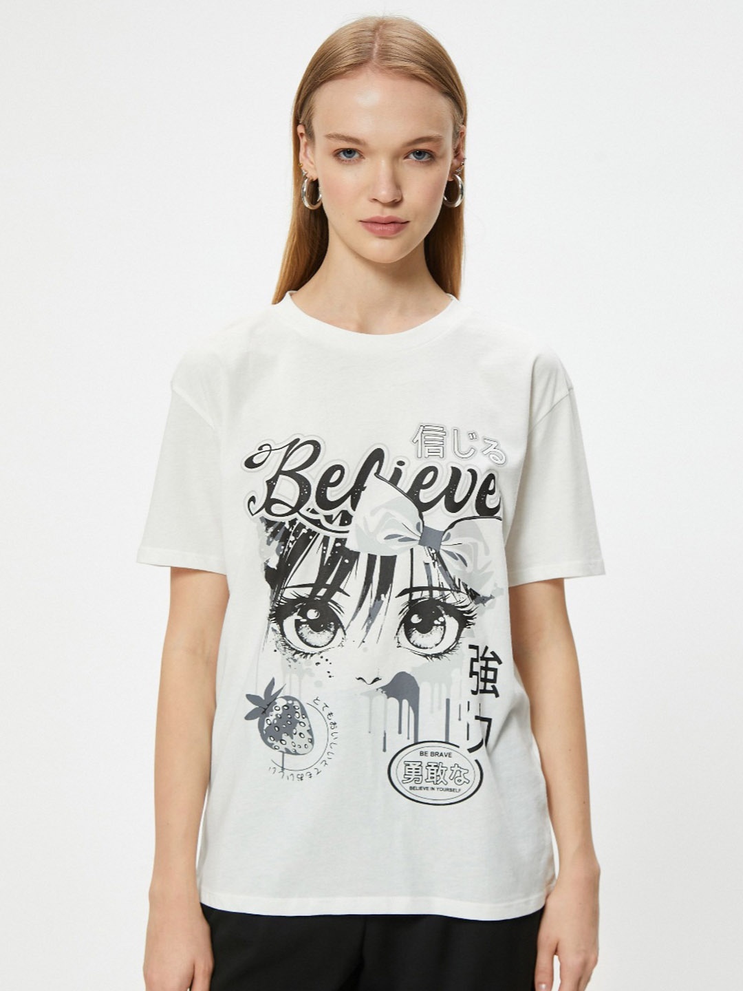 

Koton Women Graphic Printed Round Neck Cotton Oversized T-Shirt, Beige