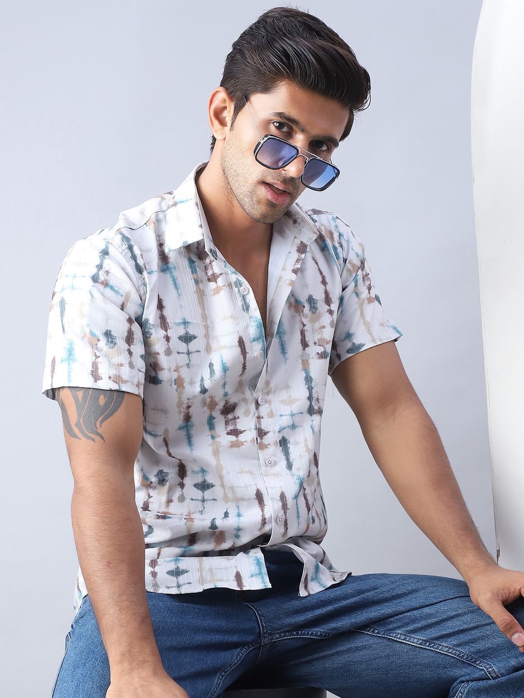 

Indian Needle Men Classic Abstract Printed Casual Shirt, White