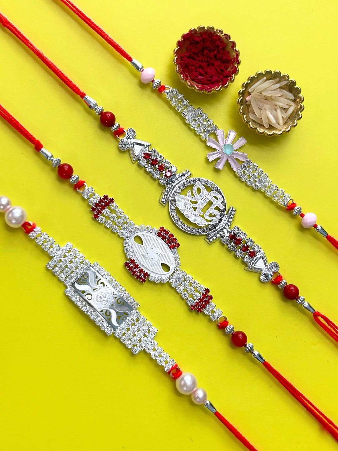 

LAIDA Set Of 4 Shree Swastik OM and Flower American Diamond Studded Thread Rakhi, Silver