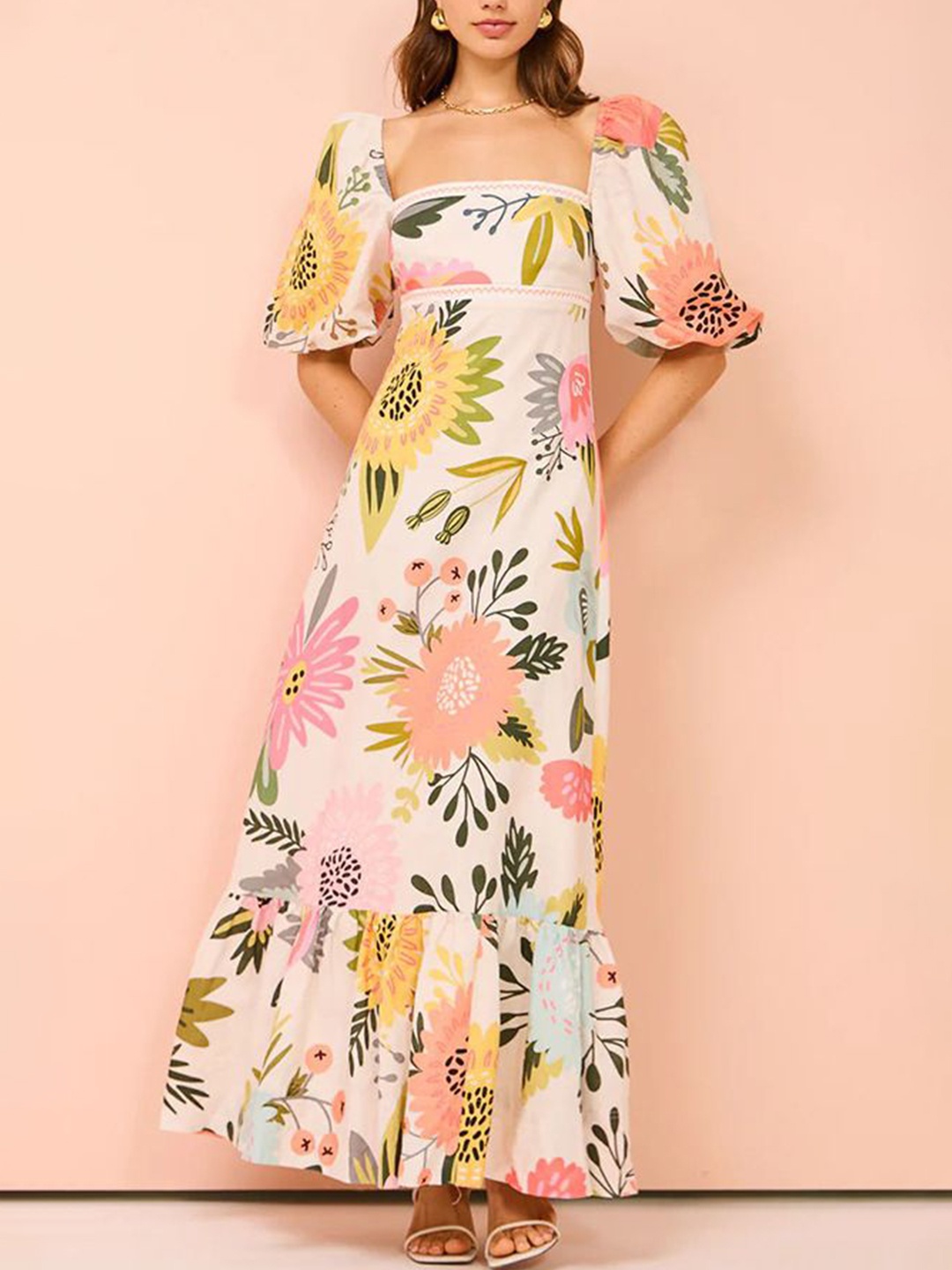 

StyleCast x Revolte Polyester Floral Printed Puff Sleeves Maxi A-Line Dress, Pink