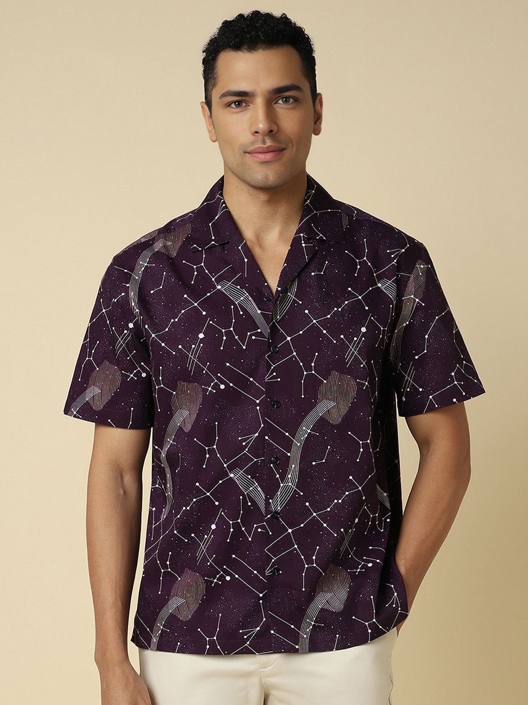 

Allen Solly Men Cuban Collar Geometric Printed Cotton Casual Shirt, Purple