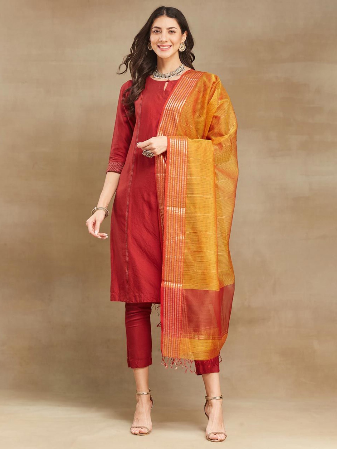 

Fabindia Striped Woven Design Cotton Silk Dupatta, Mustard