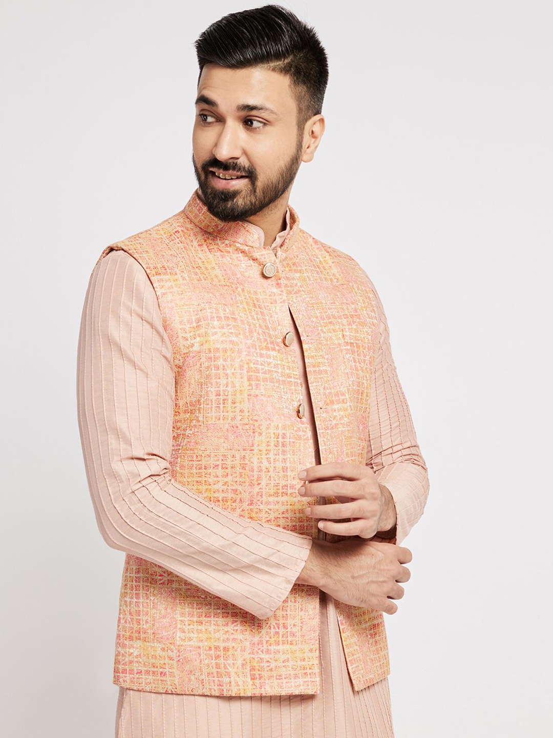 

Ethnic India Abstract Printed Woven Nehru Jackets, Pink