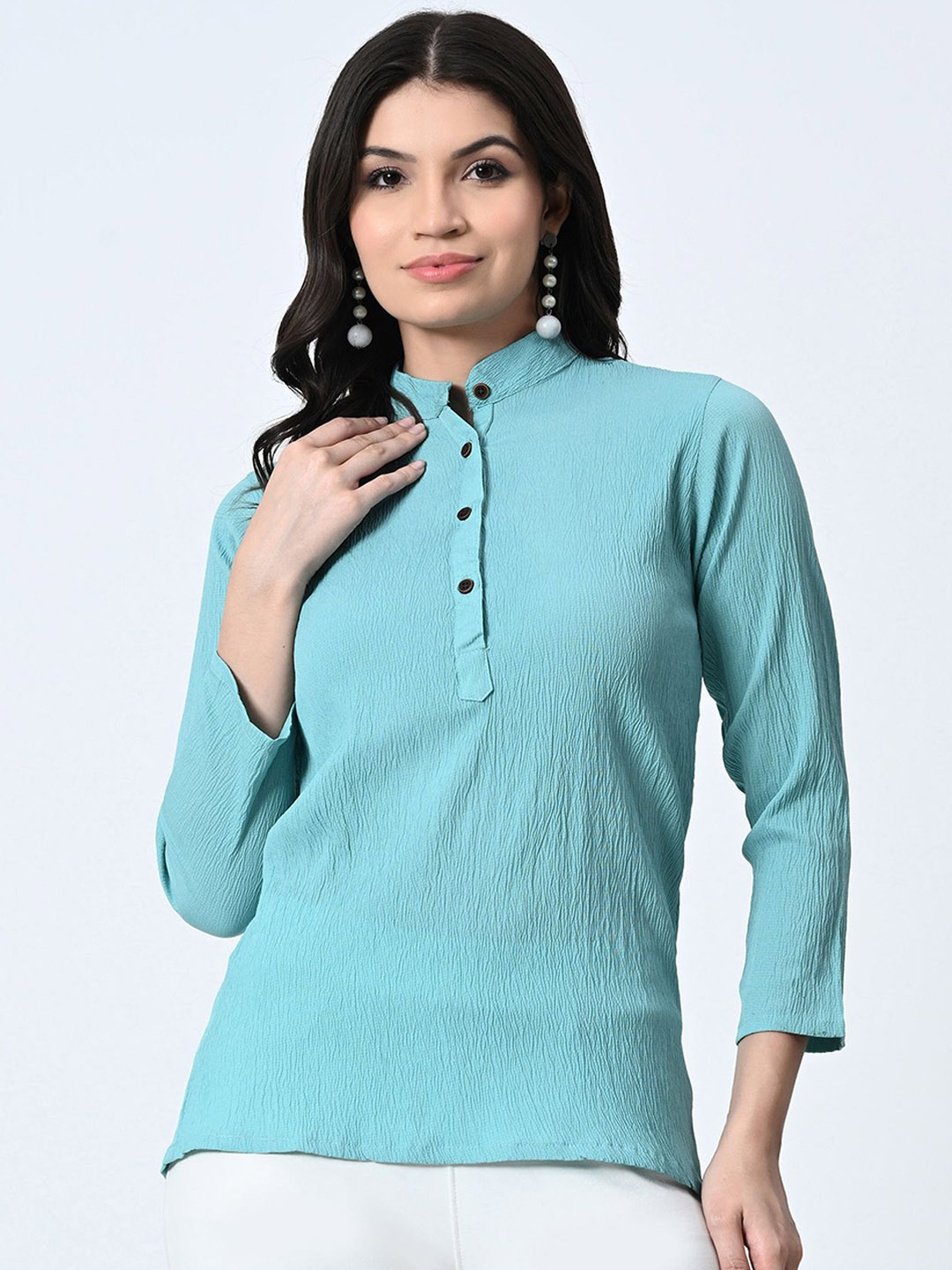 

BAESD Self Design Mandarin Collar Crepe Top, Turquoise blue