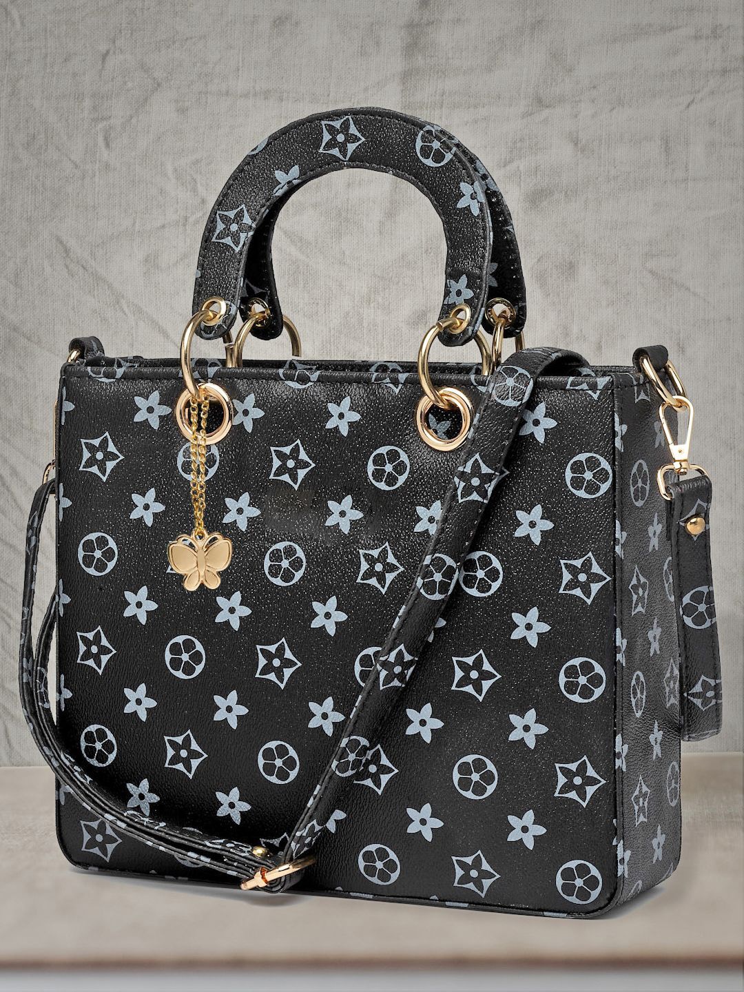 

Butterflies Printed PU Structured Handheld Bag, Black