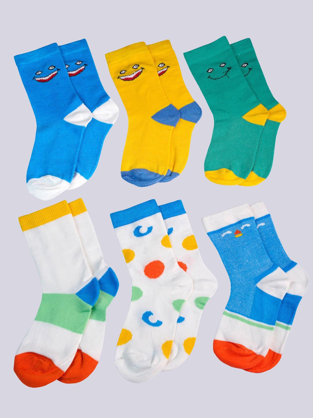 

KUCHIPOO Pack Of 6 Patterned Cotton Calf-Length Socks, Yellow