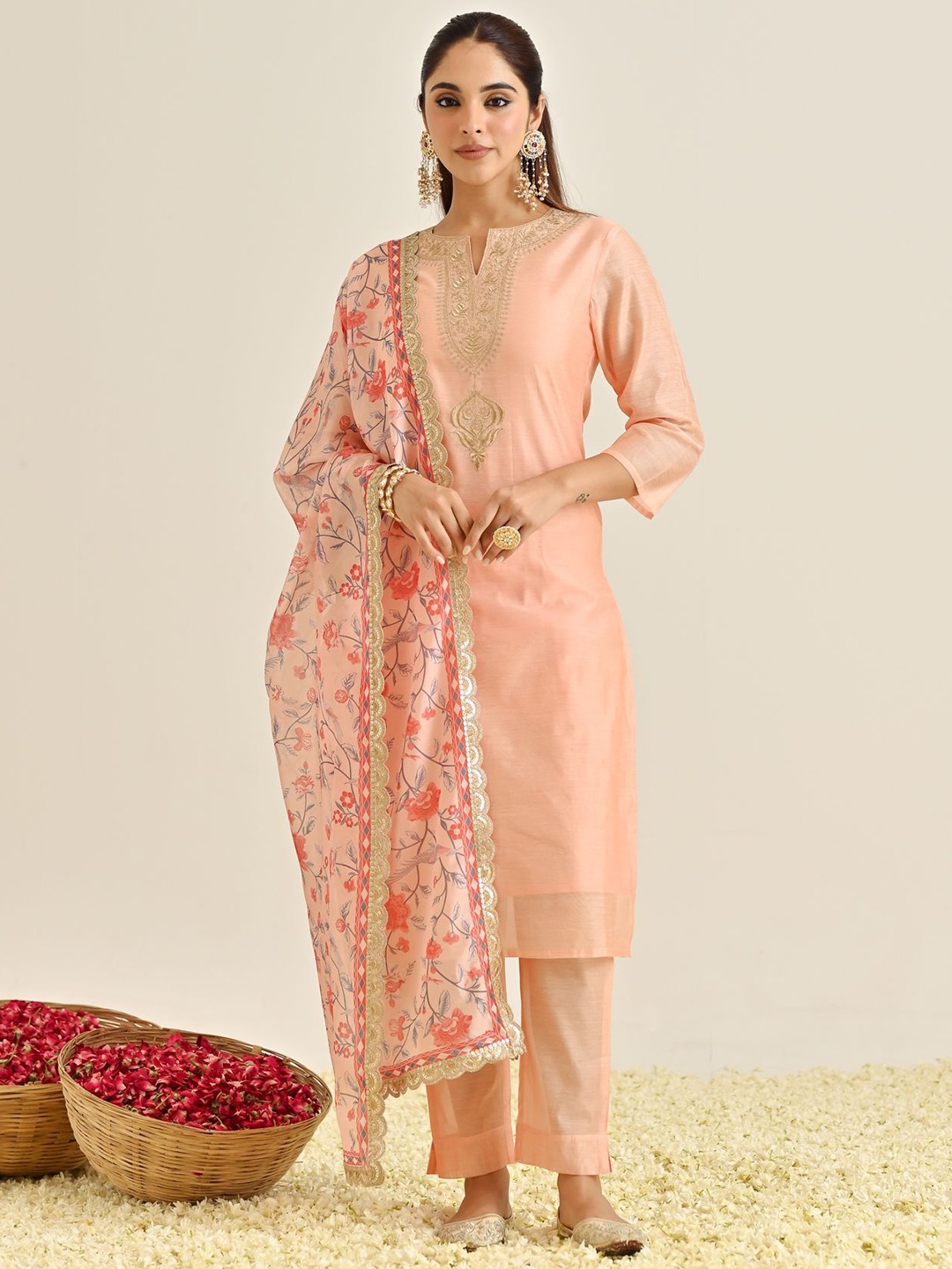

Rustorange Floral Yoke Design Regular Thread Work Kurta with Trousers & Dupatta, Peach