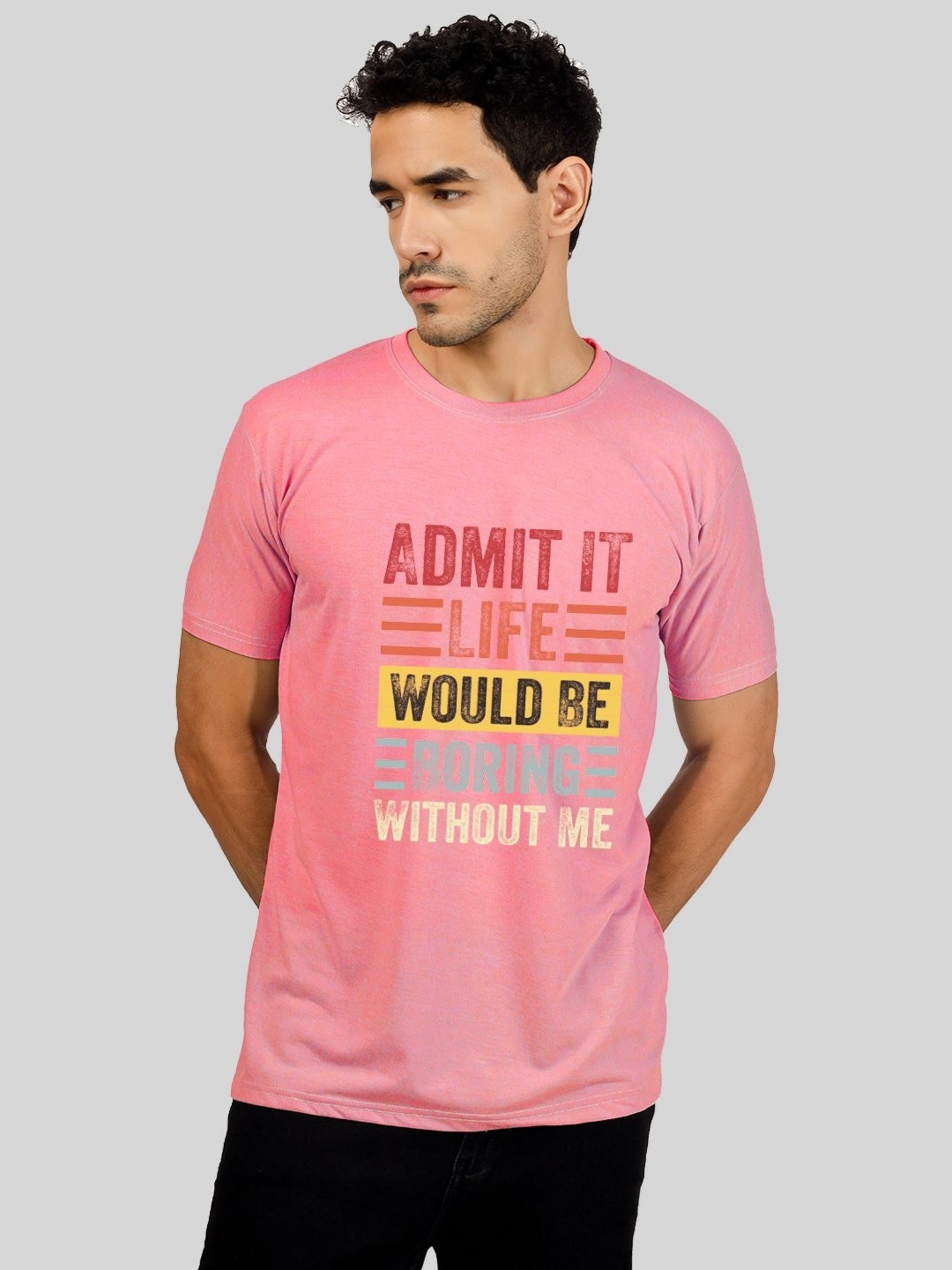 

Greylongg Men Typography Printed Round Neck T-Shirt, Pink