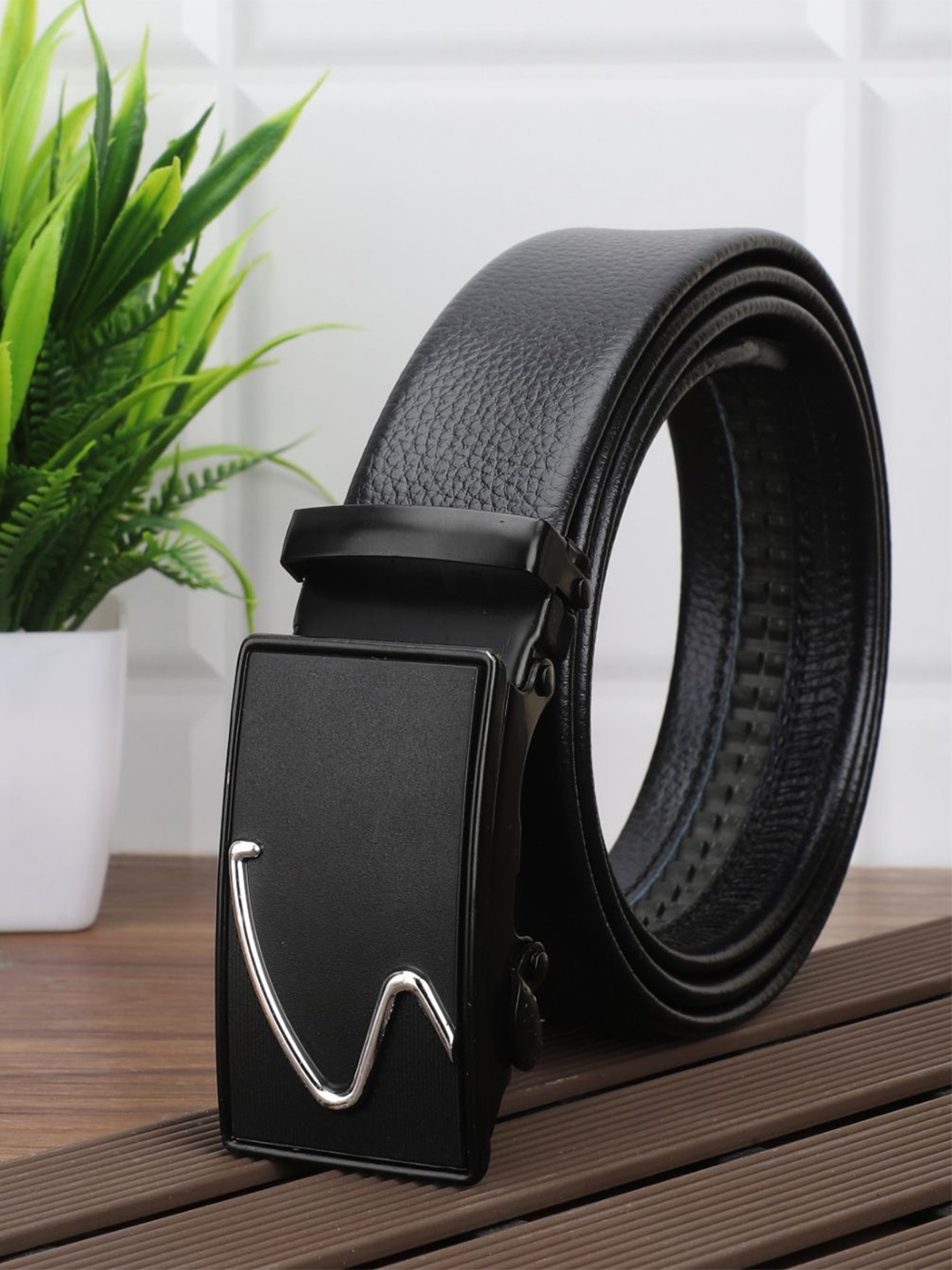 

WINSOME DEAL Men Textured Slider Buckle Formal Belt, Black