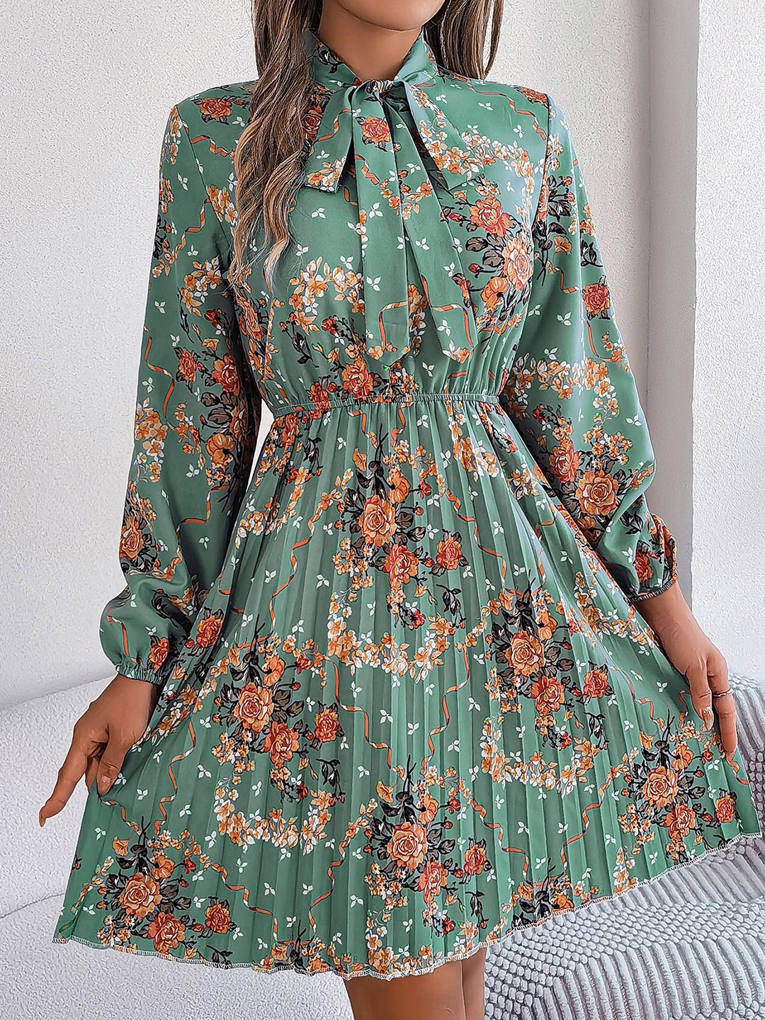 

StyleCast x Revolte Floral Print Tie-Up Neck Fit & Flare Dress, Green