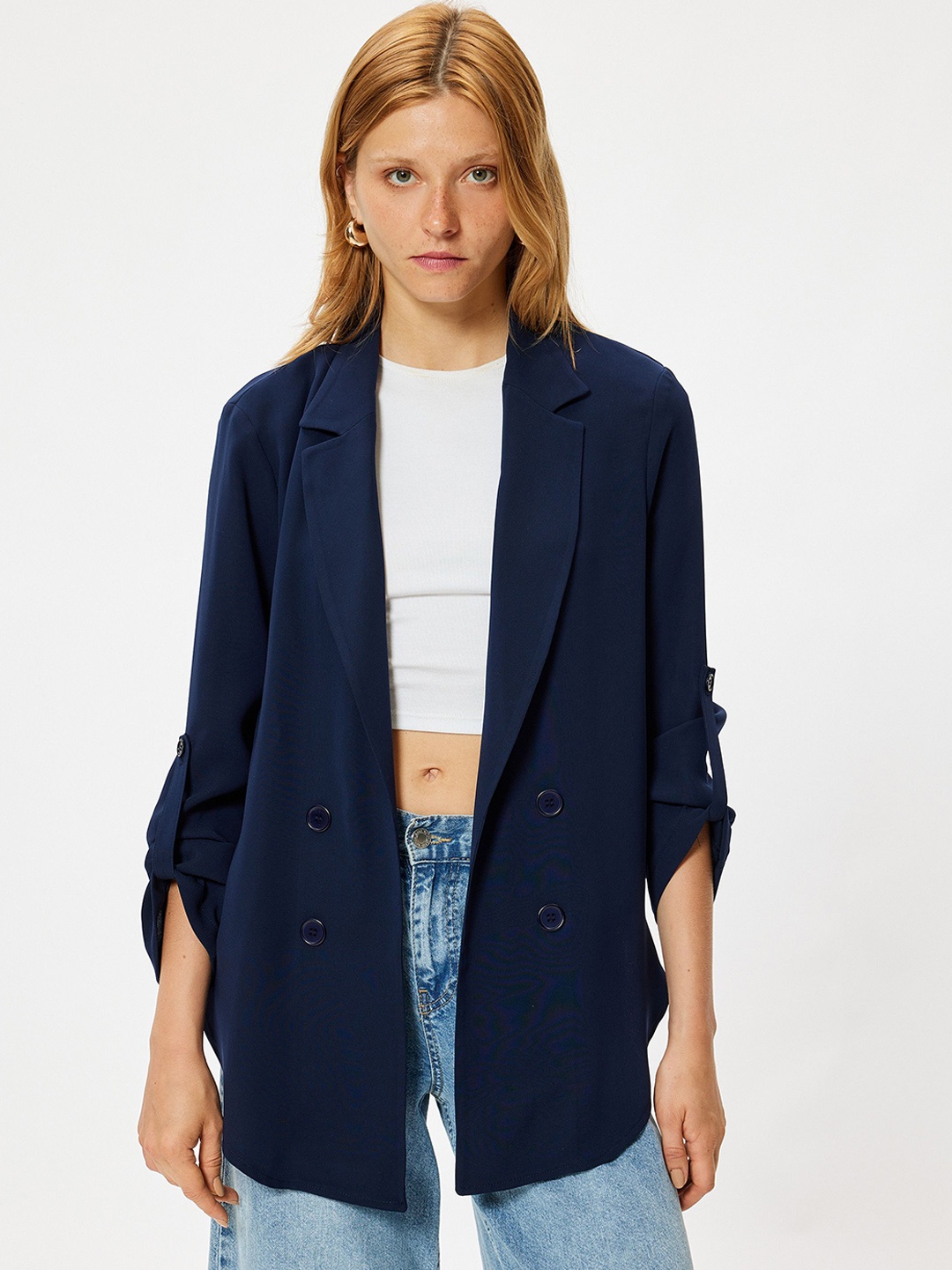 

Koton Women Solid Lapel Collar Longline Jacket, Navy blue