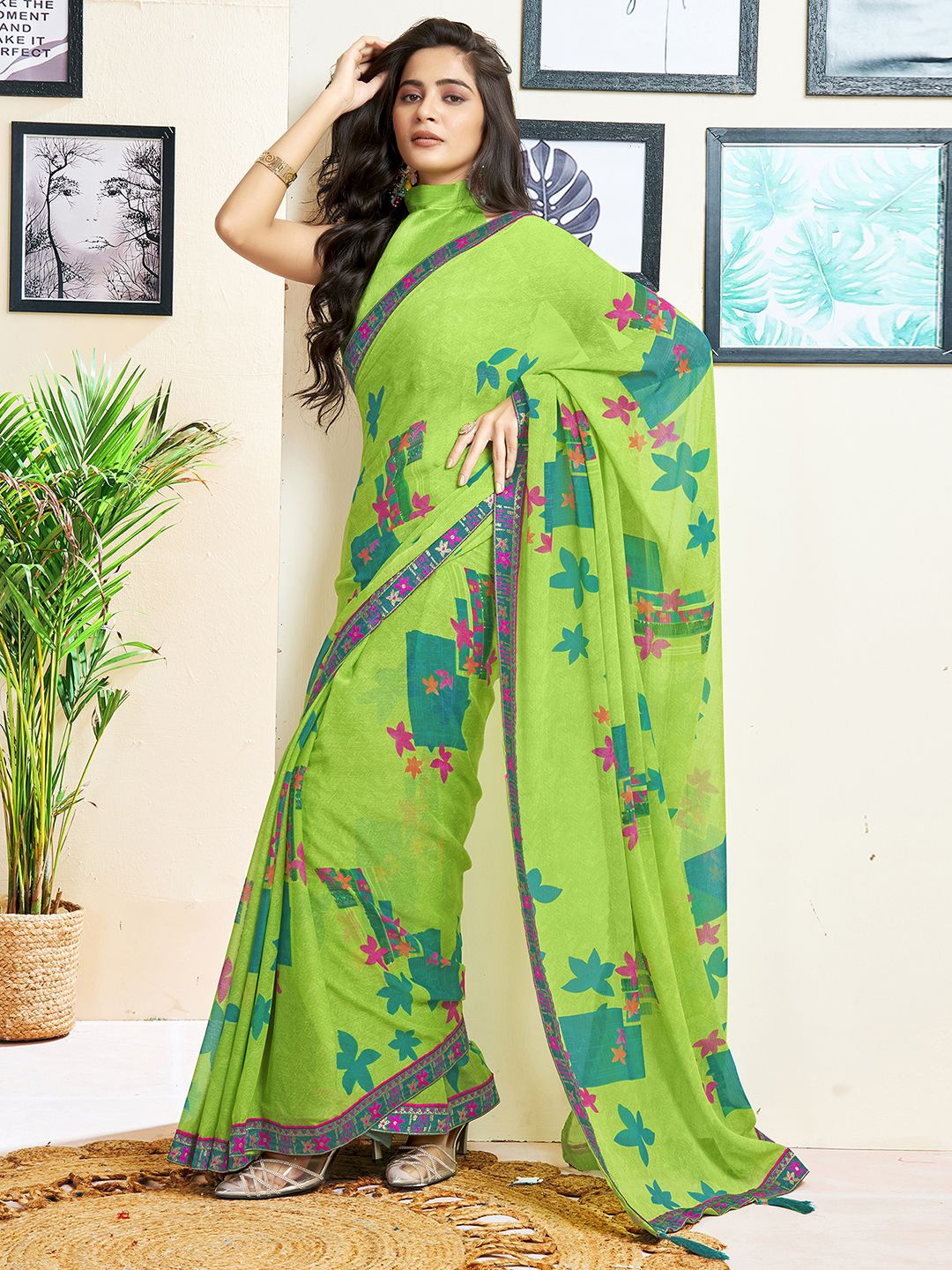 

KALINI Printed Floral Pure Chiffon Saree, Green