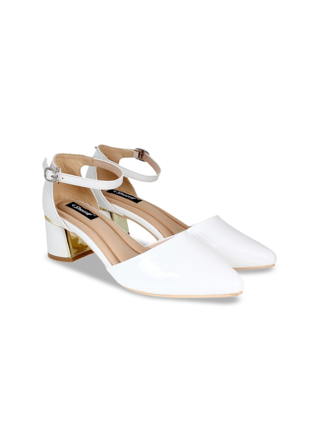 

Sherrif Shoes Textured Pointed Toe Block Pumps, White