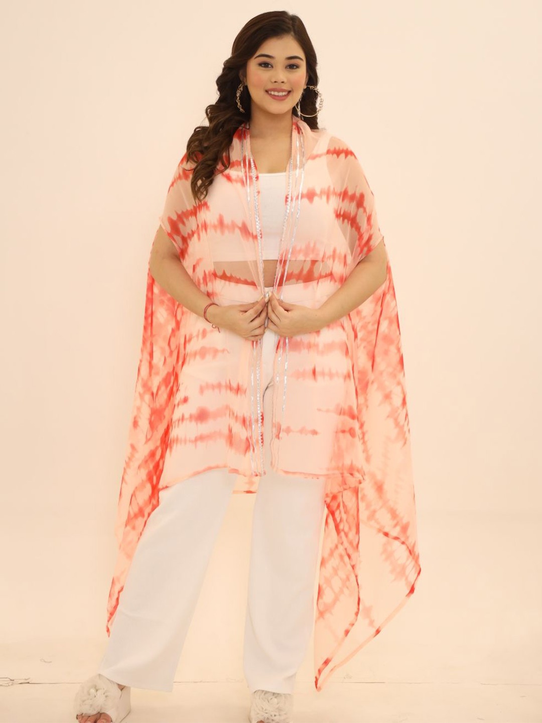 

Swadeshi Shringaar Tie & Dye Printed Open Front Longline Shrug, Orange
