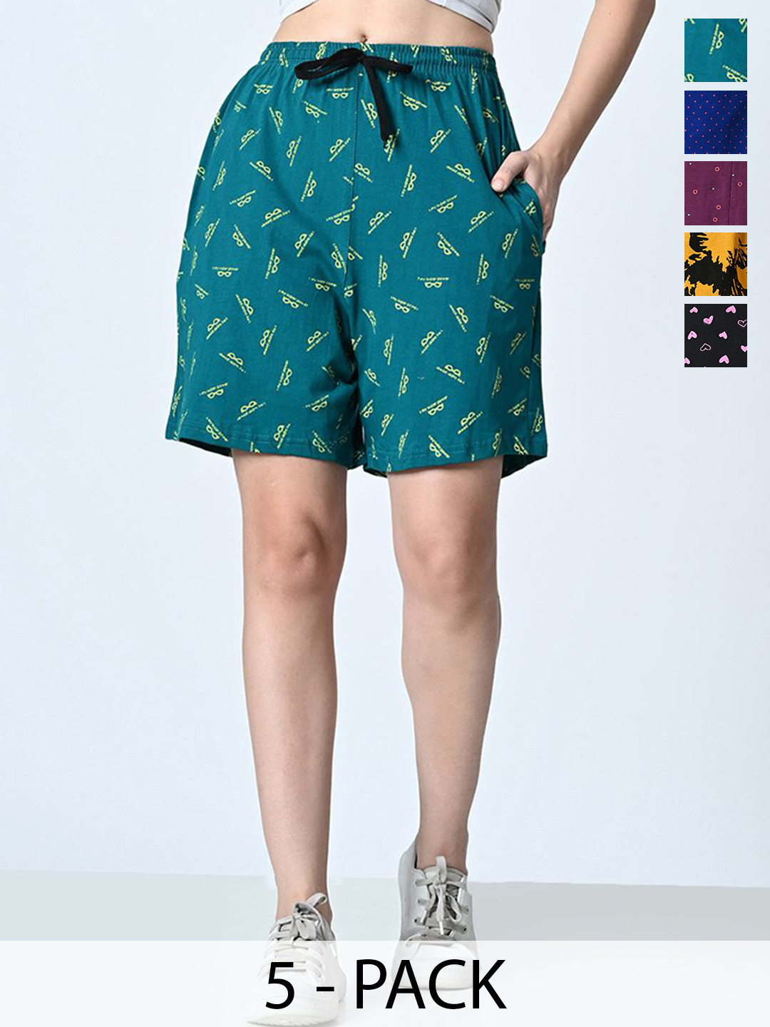 

BAESD Pack Of 5 Women Printed High-Rise Pure Cotton Shorts, Green