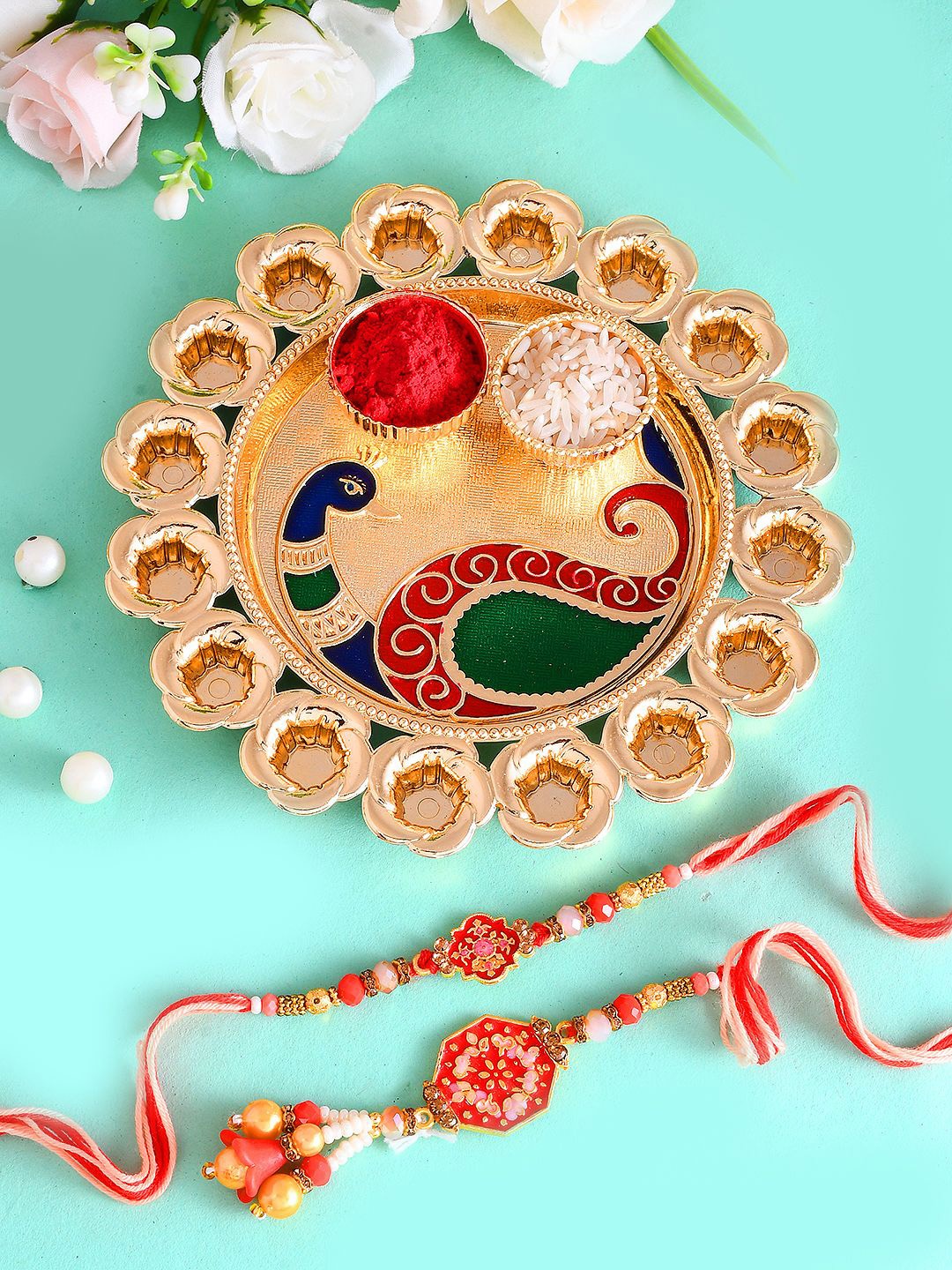 

Aapno Rajasthan Set of 3 Rakhi With Peacock Pooja Thali Gift Set, Gold