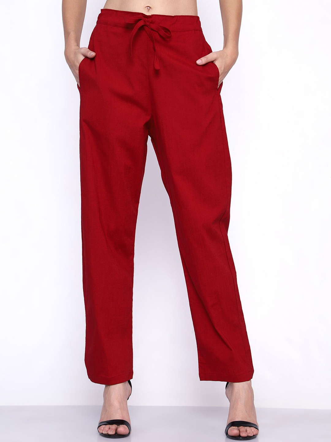 

Bhuja Women Regular Fit Mid Rise Parallel Trousers, Maroon