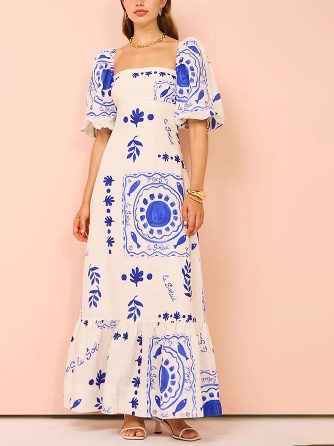 

StyleCast x Revolte Puff Sleeves Abstract Maxi Dress, Blue