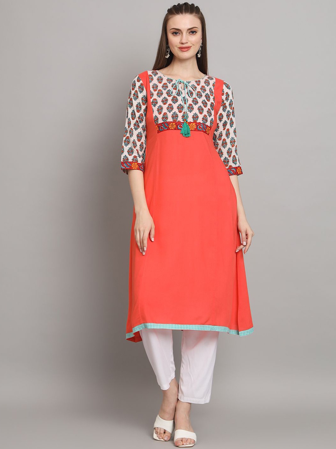 

Anouk Peach Floral Printed Tie-Up Neck Liva Kurta