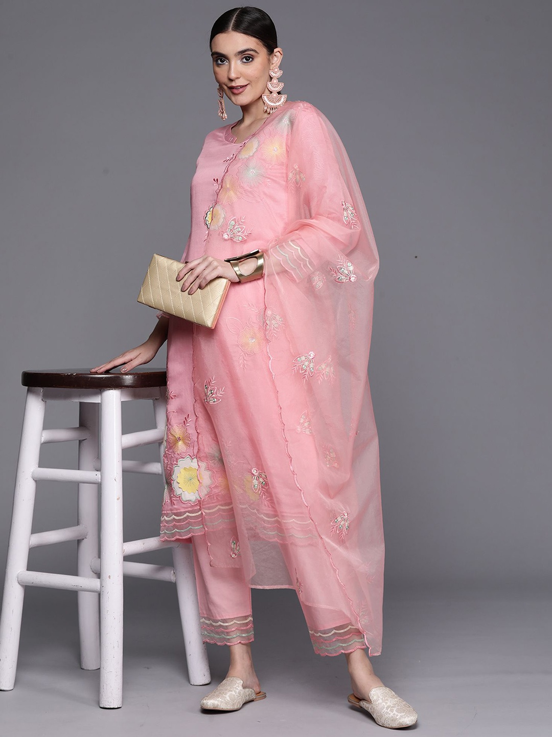 

Indo Era Floral Embroidered Thread Work Chanderi Silk Straight Kurta Trousers & Dupatta, Pink