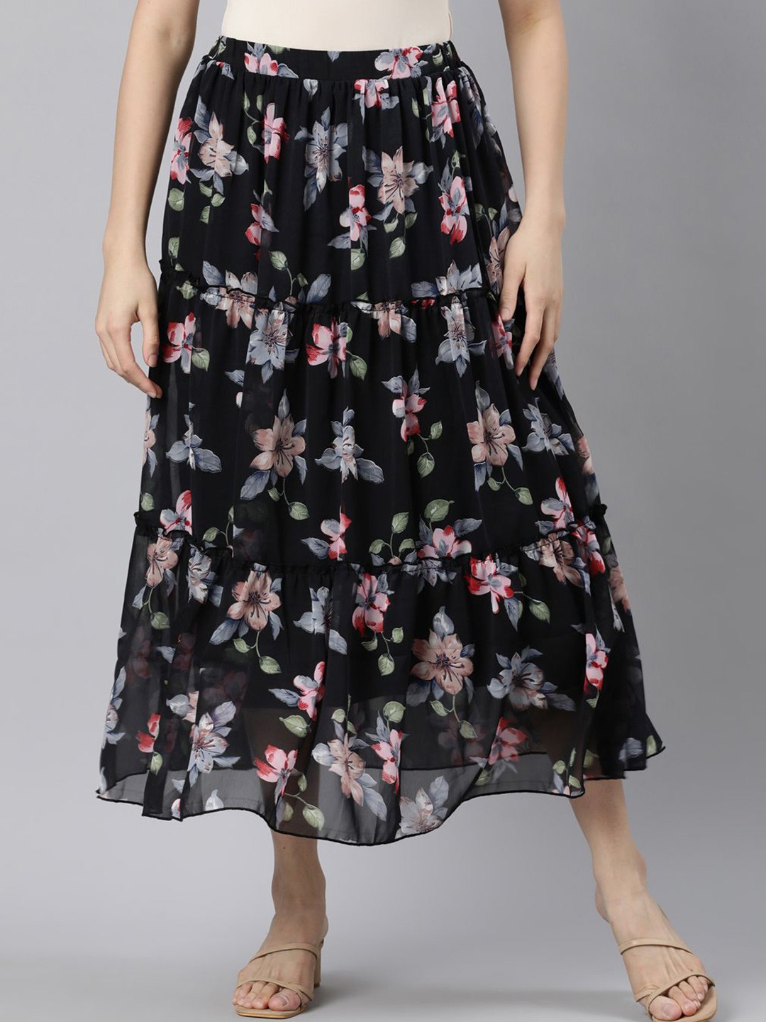 

TWIN BIRDS Floral Printed Polyester Flared Maxi Skirt, Black