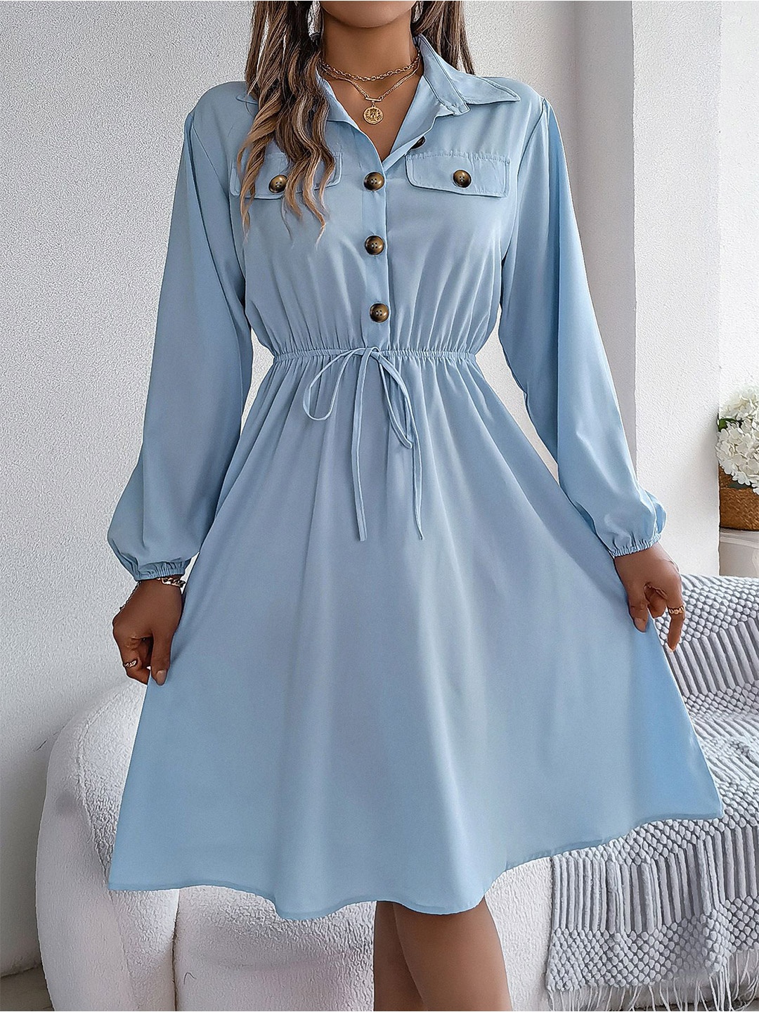 

StyleCast x Revolte Solid Shirt Collar Fit & Flare Dress, Blue
