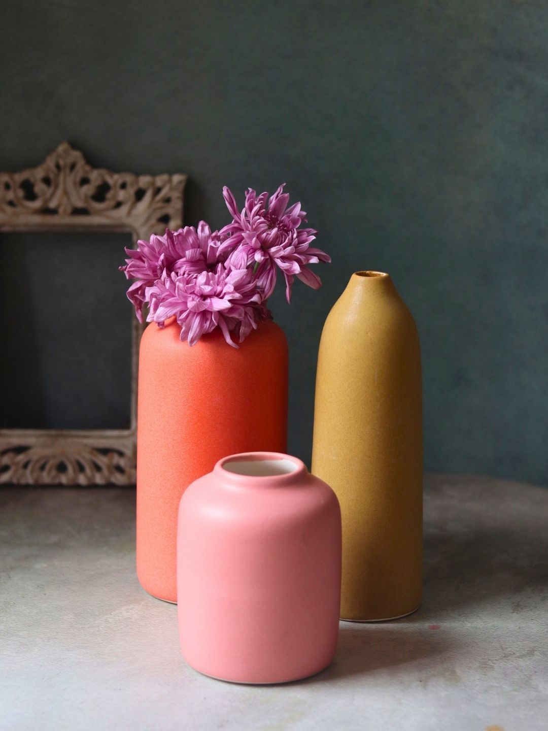 

WEAVING HOMES Orange-Colored & Brown 3 Pieces Ceramic Flower Vases