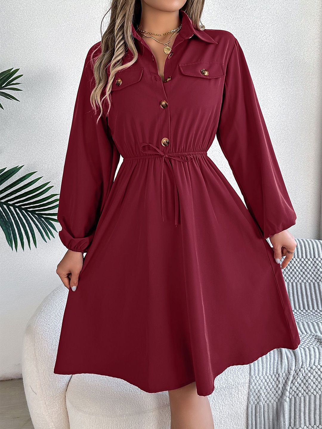 

StyleCast x Revolte Cuffed Sleeves Fit & Flare Dress, Maroon