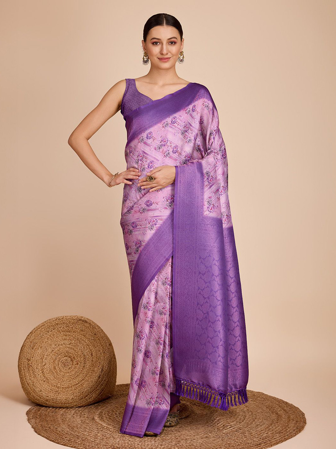 

Bansari Textiles Printed Zari Floral Pure Silk Kanjeevaram Saree, Purple