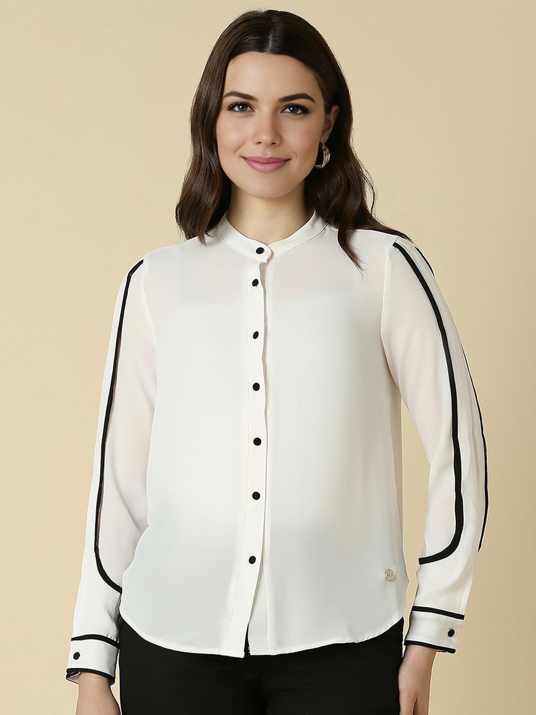

Allen Solly Woman Mandarin Collar Solid Formal Shirt, White