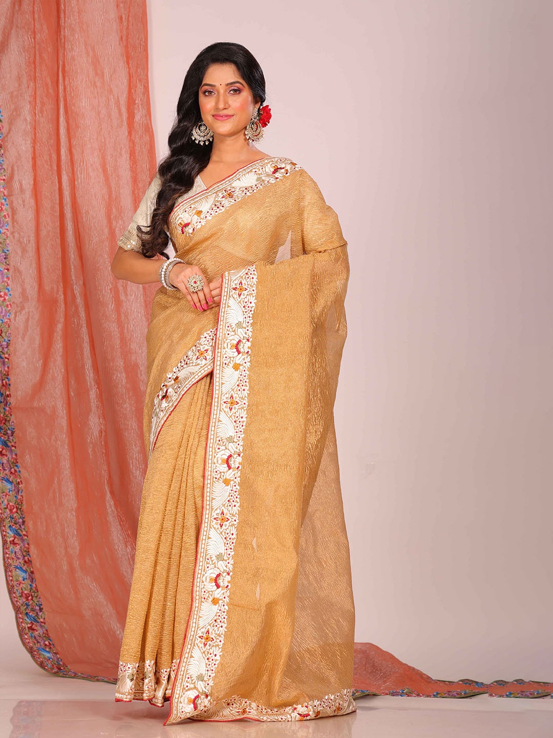 

Morchari Solid Embroidered Tissue Saree, Cream
