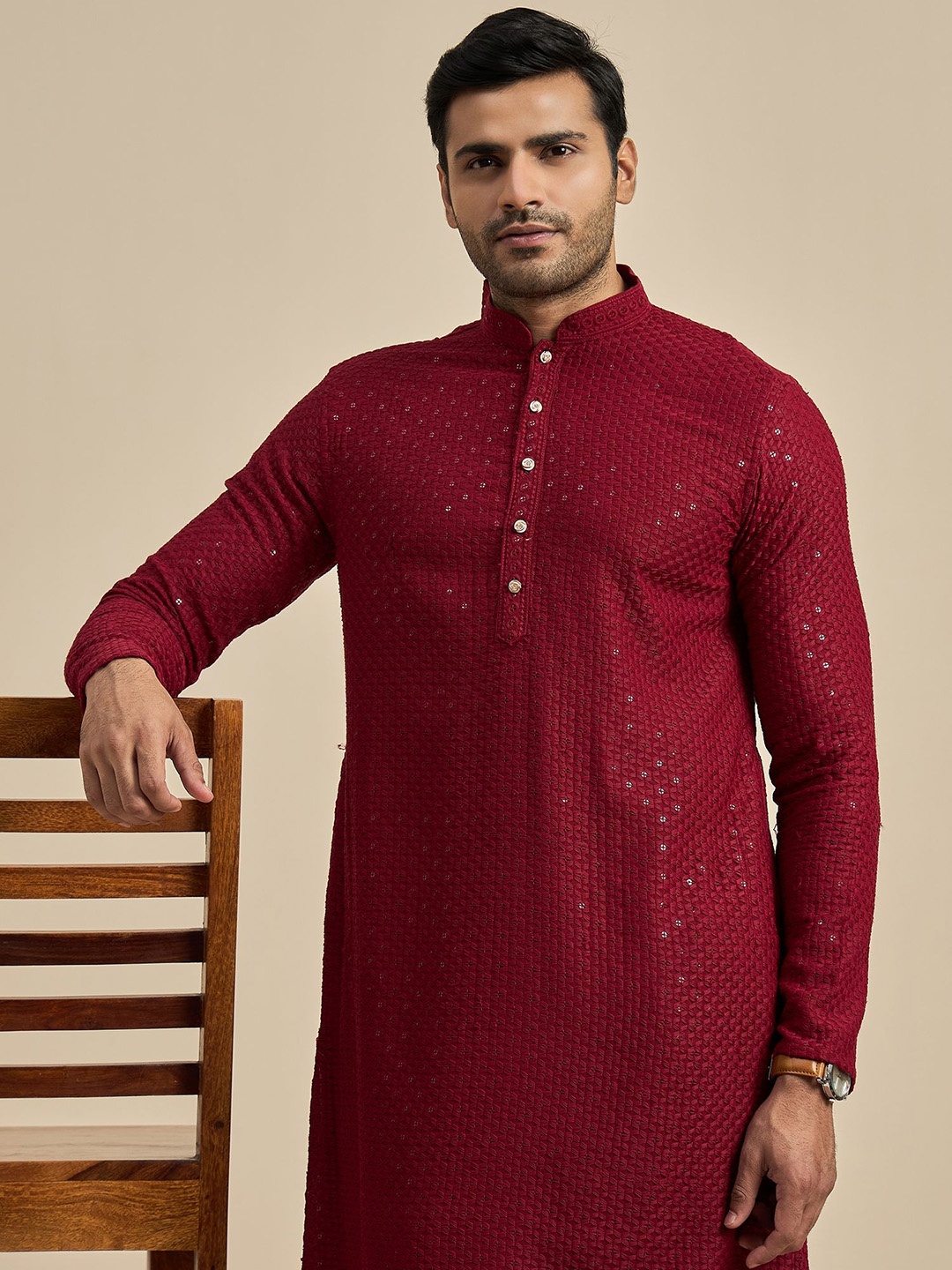 

Anouk Red Geometric Embroidered Mandarin Collar Sequins Straight Kurta