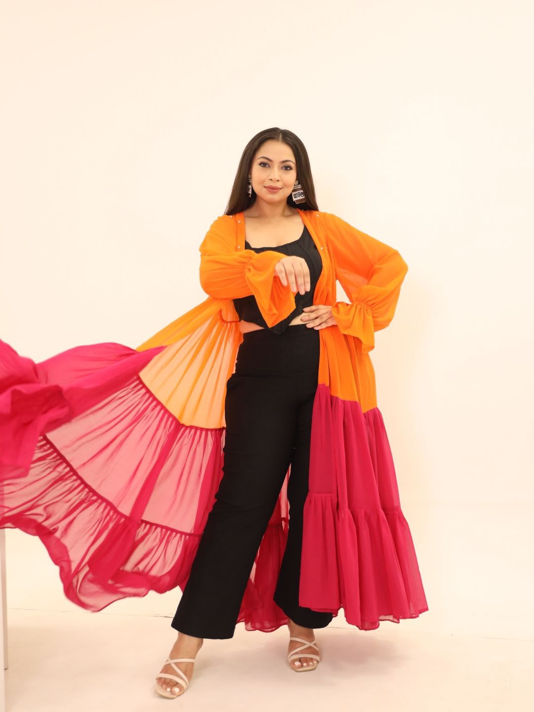 

Swadeshi Shringaar Colourblocked Longline Open Front Shrug, Orange
