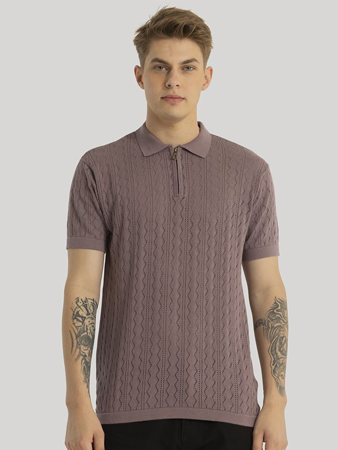 

Snitch Men Self Design Polo Collar Slim Fit T-shirt, Mauve